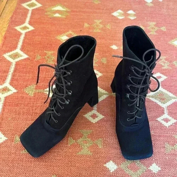 By Far Claude Lace Up Black Suede Booties Square Toe - Picture 3 of 13